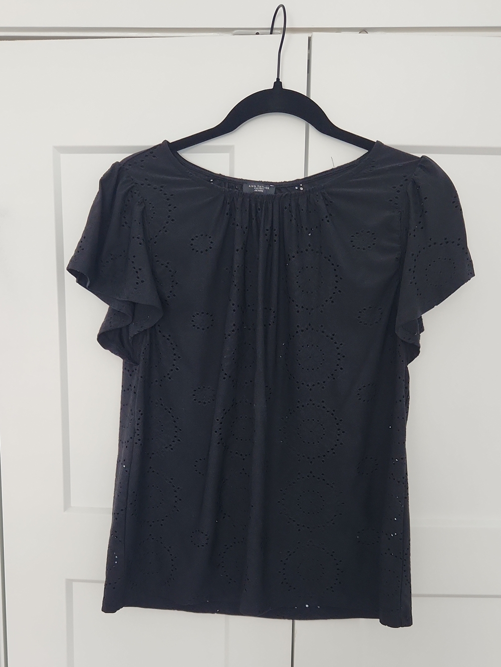 Ann Taylor Eyelet Flutter Sleeve Top - Black